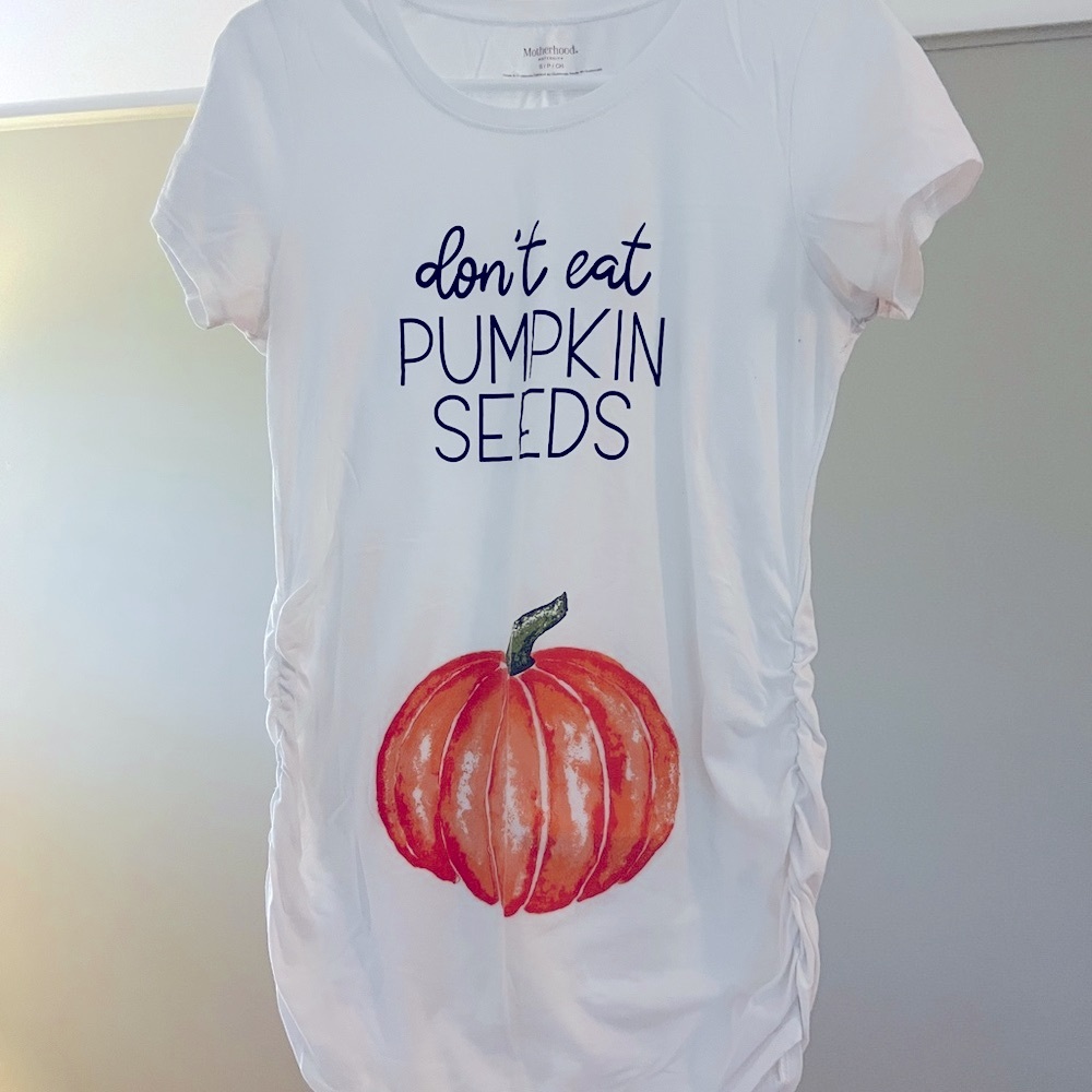 Motherhood White Tee with Orange Pumpkin Design
